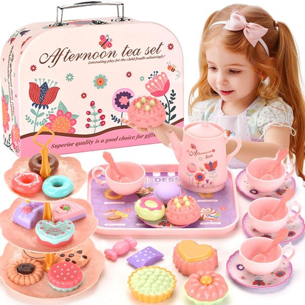 Lajeje 46pcs Kids Tea Party Set for Little Girls - Birthday Gift Toys for 3-8 Year Old Girls - Cute Princess Play Toddlers Tin Tea Set - Pretend Toys with Desserts, Flower Teapot, and Carrying Case