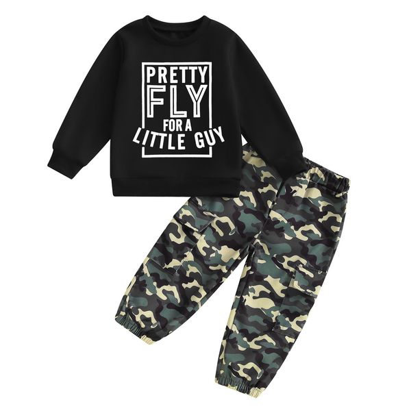 wdehow Toddler Kids Baby Boy Fall Outfits 1T 2T 3T 4T 5T Letter Print Long Sleeve Tops Camouflage Pants Winter Clothes Sets (D-Black 2, 4-5T)