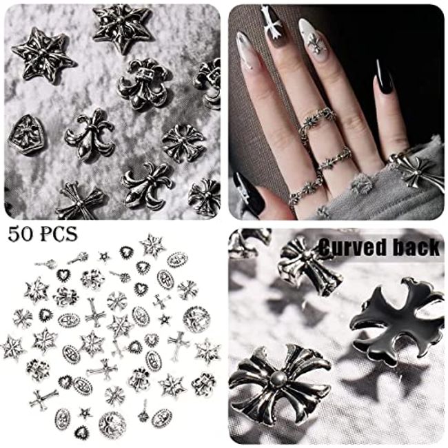 72Pcs Cross Nail Charm, 3D Nail Charms Vintage Silver Punk Chrome Heart  Nail Charms for Women Girls, Kawaii Nail Art Craft DIY Nail Decoration