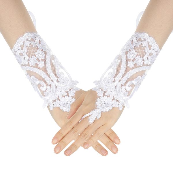 Women's Short Lace Embroidered Gloves Lace Fingerless Gloves Tea Party Gloves for Opera Prom Masquerade Evening Halloween Dress Accessories (White)