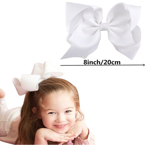 SALOCY 8 Inch (20CM) Hair Bows Clips,2 PCS Big Hair Bows for Girls Toddler Boutique Grosgrain Ribbon Big Large Bows Alligator Clips Kids Hair Accessories (White)