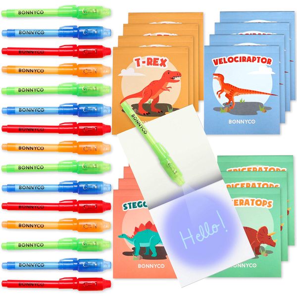 BONNYCO Invisible Ink Pen and Notebook Pack of 16 Dinosaur Party Favors for Kids | Spy Pen Dinosaur Birthday Party Supplies, Prizes for Kids | Magic Pen Birthday Party Favors, Prizes for Students