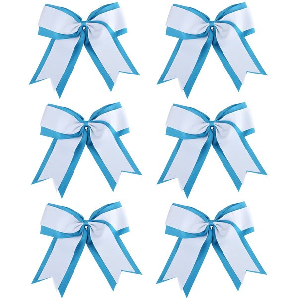 8 Inch 2 Colors Cheerleader Bows 2 Layers 6 Pcs Ponytail Holder Cheerleading Bows Hair Elastic Hair Tie (Light blue/White)