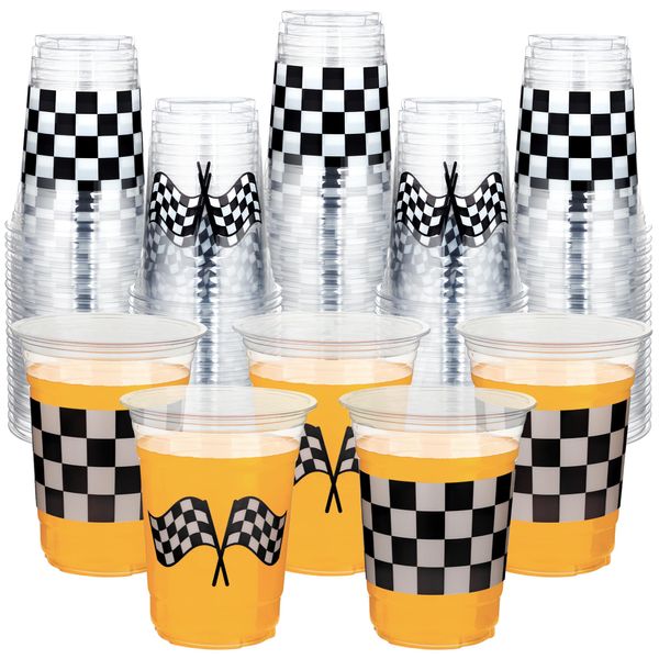 peony man 50 Pcs Checkered Racing Party Plastic Cups 16 oz White Black Checkered Flag Clear Cups Disposable Race Car Drinking Cups for Race Car Party Sports Themed Birthday Party Favors Supplies