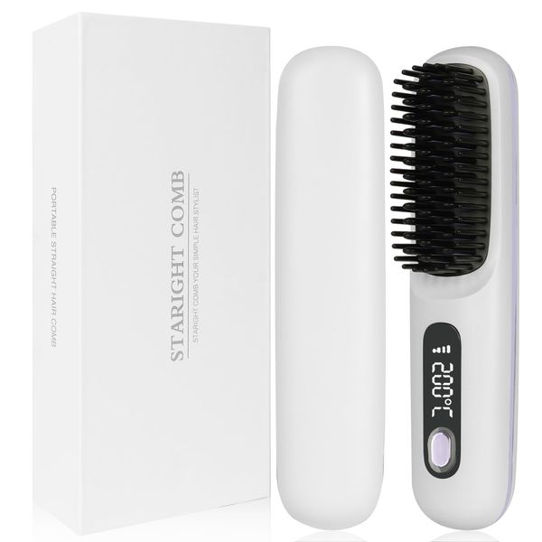 LOPHE Negative Ion Hair Straightening Brush, Hair Straightener Comb with 3 Temperature Modes & LED Screen, Anti-Scalding 20s Heat, USB Rechargeable Ceramic Hairbrush for Smooth Frizz Free Hair, White