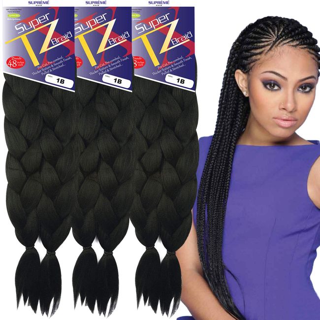 Pre-Stretched Braiding– 48 Inch Long Unfolded – 6 Bundles Total – Xpression 100% Kanekalon– TZ Braid Hair Extensions – Pre-Cut and Pre-Combed Synthetic Hair (1B)