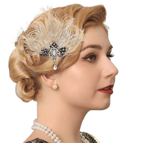 GENBREE Peacock Hair Clip 1920s Flapper Headpiece Crystal Gatsby Headband Prom Party Head Accessories for Women and Girls (White)