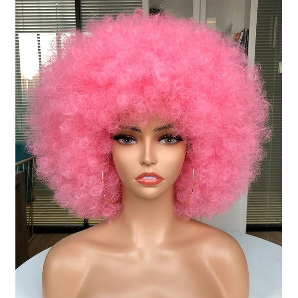 CoCrowns Afro Wigs for Black Women Short Curly Afro Wig Natural Looking Synthetic Full Wigs for Party Cosplay (Pink)