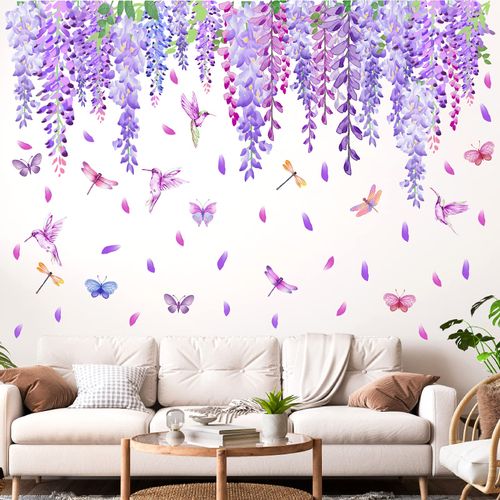Flower Vine Wall Stickers Hanging Flower Wall Stickers Purple Floral Wall Decals Peel and Stick Wisteria Window Decals Summer Garden Flower Wall Decals for Bedroom Living Room Decor