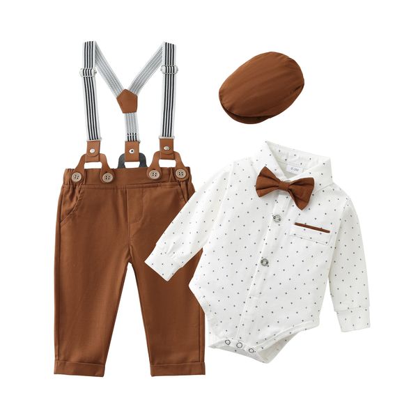 ZOEREA Baby Boy Suit Clothes Set Infant Tuxedo Long Sleeve Gentleman Outfits+Suspender Pants+Bowtie+Beret Hat 3-6 Months