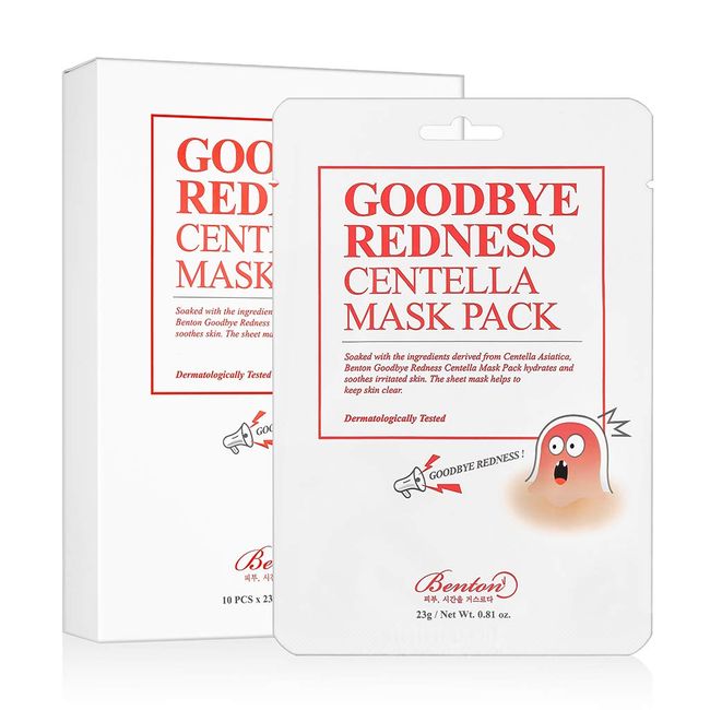 BENTON Good Bye Redness Centella Mask Pack 23g 10 Pack - Contains 45% Centella Asiatica, Hydraitng & Soothing Facial Mask Sheet, Rednes Relief and Skin Troubles, for Senstivie and Irritated Skin