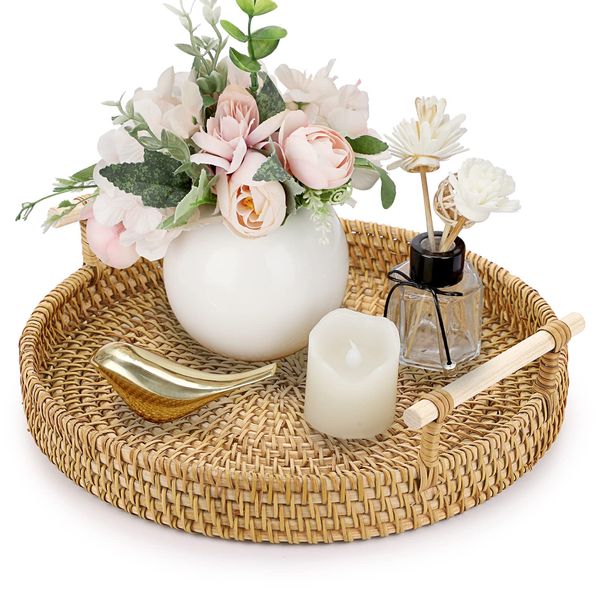 IGNPION Round Rattan Woven Serving Tray 24.5cm Decorative Display Tray Storage Platters with Handle Table Desktop Organiser Tray for Coffer,Drink,Breakfast,Tea,Candle