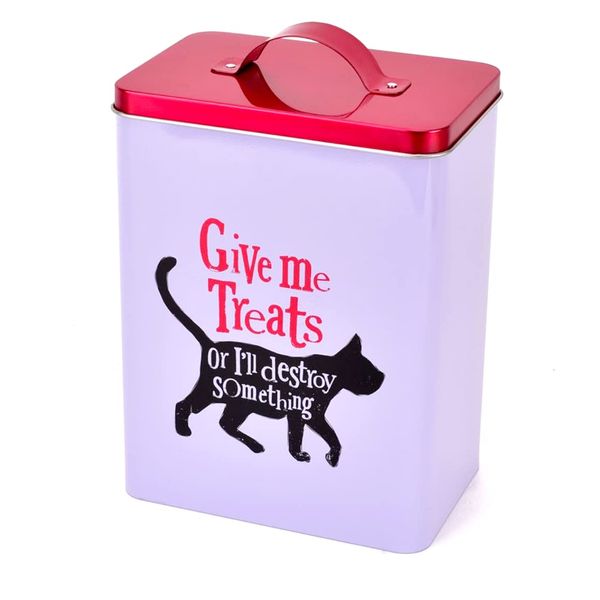 Widdop and Co Fun, Humorous Cat Biscuit Treat Storage Tin - Give Me Treats - White, Black, Metallic Red - 22.5cm