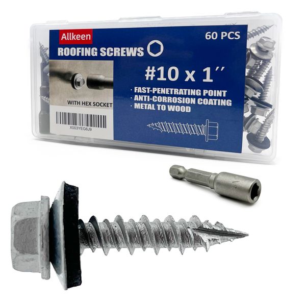 Allkeen #10 x 1" Hex Head Sheet Metal Roof Screws, Rustpert Coating Metal to Wood siding Screws, 60 Pieces