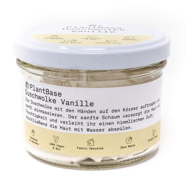 PlantBase Duschwolke Vanille 110g, 3in1 Duschgel beruhigend, Peeling Körper Gesicht & Pflege in Einem, mit Vanille, Naturkosmetik vegan handgemacht Made in Germany