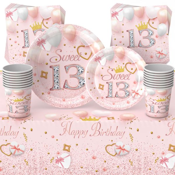 69pcs Pink Happy 13th Birthday Party Tableware Decorations for Girls Birthday, Disposable Party Tableware Set Pink 13th Tablecloth Table Covers,7inch Paper Plates,Paper Napkins,Cups for Girls Birthday