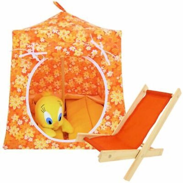 Orange, Floral Print Toy Play Pop Up Camping Tent, 2 Sleeping Bags, Handmade