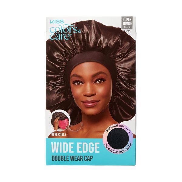 KISS Colors & Care Silky Satin Wide Edge Double Wear Cap, Super Jumbo, Black, Double Sided Reversible Designs, Premium Charmeuse Fabric, Retains Moisture & Styles, Slip-Free, Comfortable & Durable Overnight Hair Bonnet For All Hair Types