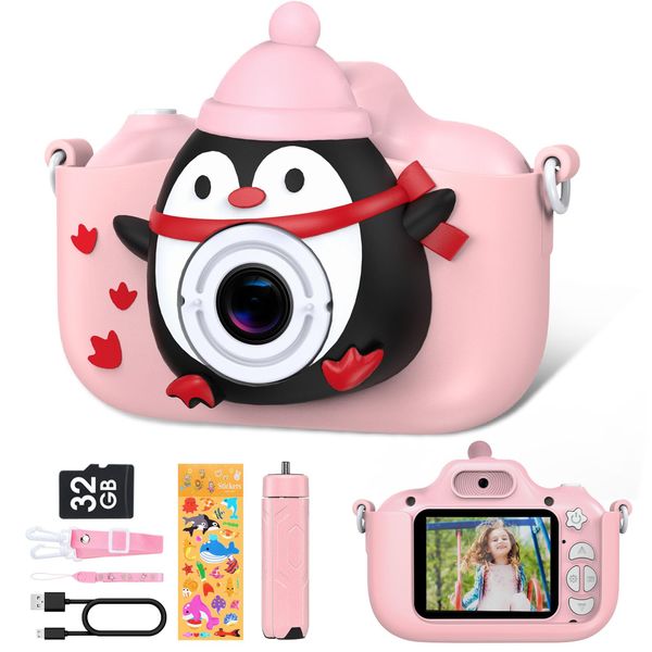 Kids Camera - Toddler Camera Christmas Birthday Toys Gifts for Boys Girls 3-8 Years Old, 1080P HD Kids Selfie Digital Camera with 32GB SD Card - Pink Penguin