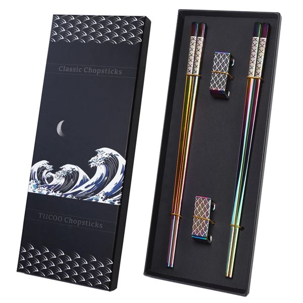 TIICOO Metal Chopsticks Reusable 2 Pairs Titanium Stainless Steel 18/8 Chopsticks with Holder, Dishwasher Safe Lightweight Korean Japanese Chinese Chopsticks Gift Set(Rainbow)