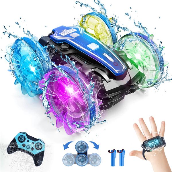 GEVINST Remote Control Car Boat Amphibious RC Car with Waterproof Gesture Control 2.4Ghz All Terrain RC Boat 360° Rotation Stunt Car Beach Pool Toys for Kids Ages 8-12 Toys for 6 7 9 Year Old Boys