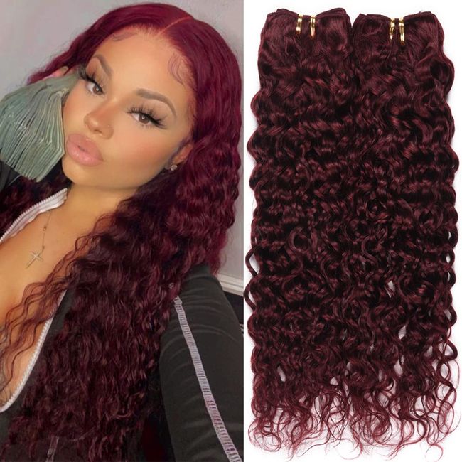 XCCOCO Burgundy Water Wave Weave 3 Bundles 10 12 14inch Colored 99j Wet Wavy Human Hair Weave 9A Brazilian Curly Hair Bundles,100g/Bundles