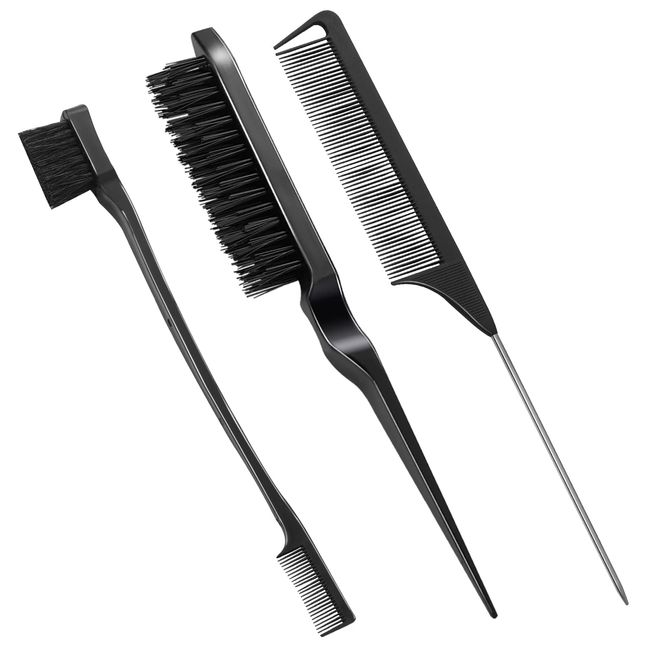 3 Stück Sleek Bun Bürste, Set Haarbürste Sleek Look Professionel Borsten Bürste Haare, Friseursalon Edges Brush für Damen Herren Kinder (Schwarz)