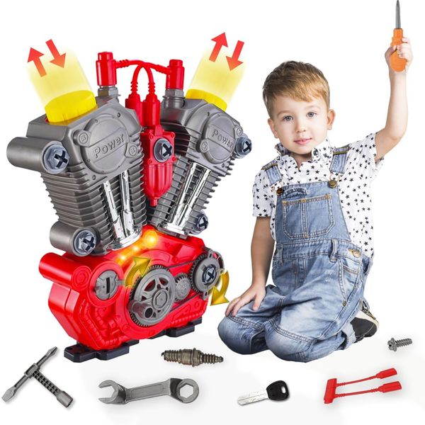 AMALICO V8 Small Car Engine Model kit Toy for Kids Educational Science Building Toys for Boys Age 3 4 5 6 7 8 Year Old Birthday Gifts Children Take Apart Mechanic Tool Set