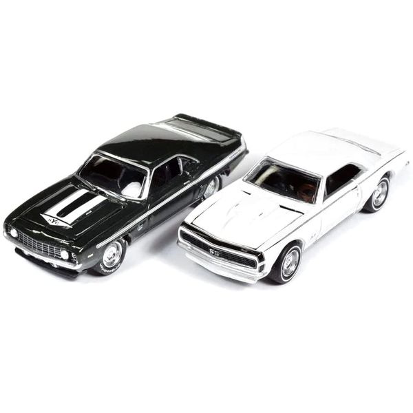 1969 Chevy Camaro Fathom Green Metallic with White Stripes and 1967 Chevy Camaro White with Black Nose Stripe Yenko Series Set of 2 Cars 1/64 Diecast Model Cars by Johnny Lightning JLPK019-JLSP276A