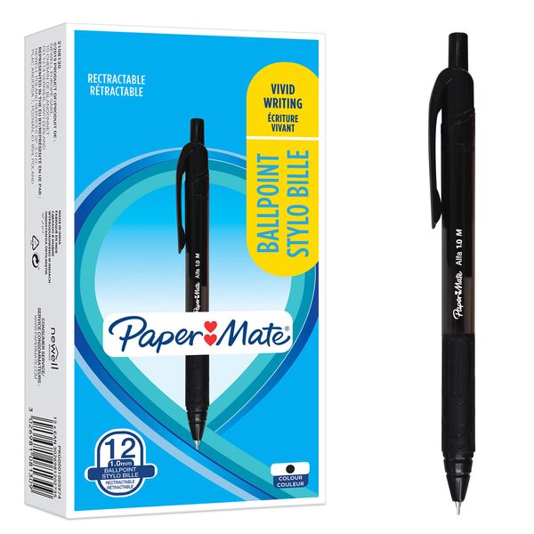 Paper Mate Alfa Retractable Ballpoint Pens | Medium Point (1.0 mm) | Black Ink | 12 Count