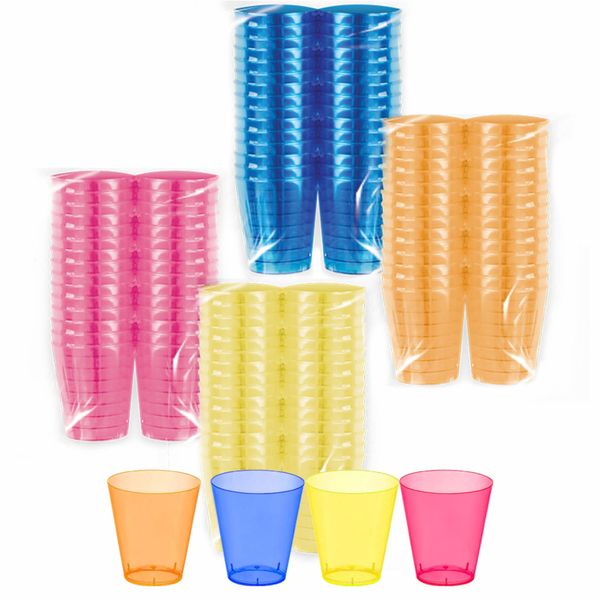 Plastic Shot Disposable Plastic Shot Glasses Multi Use Mini Shot Glass Indoor Outdoor Use Durable Neon Shot Use Beach Festival Parties Christmas Jelly Sample Tasting Desserts (Assorted Colour) 24 Pcs