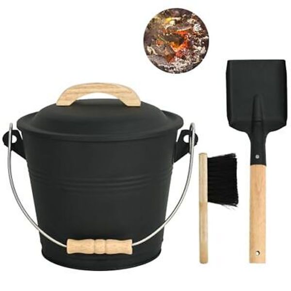 Ash Bucket with Lid and Shovel, Hand Broom and Gloves, 1.5 Gallon Small Metal