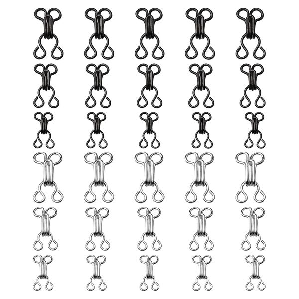 Gunwon 30 Sets Bra Sewing Hooks and Eyes Closure, 3 Sizes Sewing Hooks Coat Hook Fastener, Sewing Hooks and Eyes for Sewing Bra and Clothing Skirts Coats Metal Eyes Fasteners (Silver, Black)