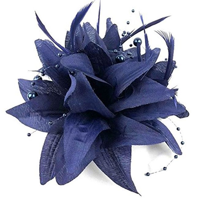 Navy Blue Beaded Feather Fascinator Beak Clip Brooch Pin