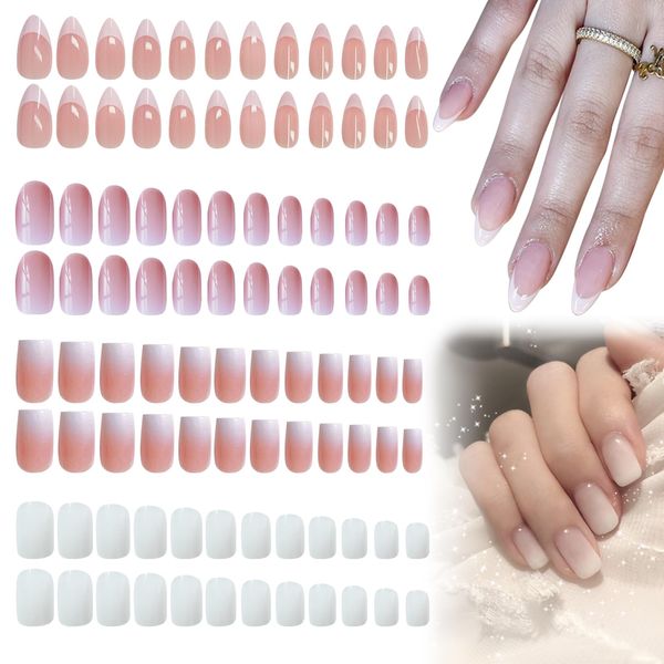 JSTHHTT 96 French False Nails, Press on Nails, Square Stick on Nails, Pink Gradient French Tip Nude Press on Nails, Nude Fake Nails, Full Cover Nails Women Girls Nail, Removable Fake Nails