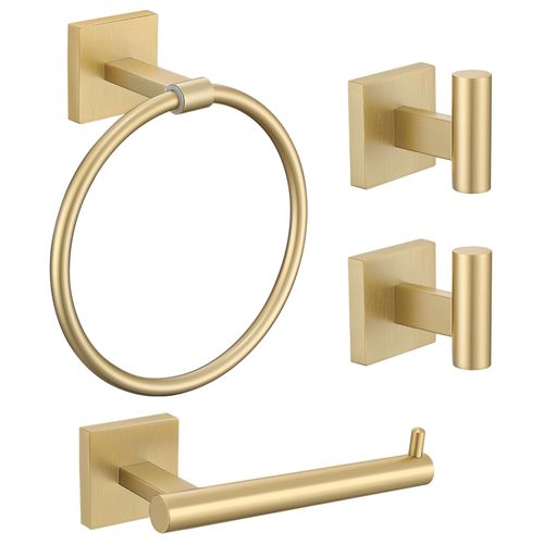 Towel Ring Set 4 Piece Bathroom Hardware Set Includes Towel Ring 2 Towel Hooks and Toilet Paper Holder Stainless Steel Wall Mounted (Brushed Gold)