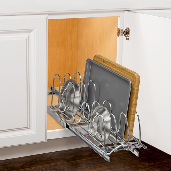 Lynk Professional Slide Out Pan Lid Holder and Pull Out Kitchen Cabinet Organizer Rack, 7.25w x 21d x 9h -inch, Chrome