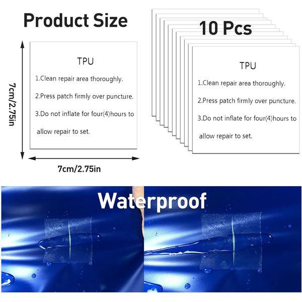 10 PCS Inflatable Pool Repair Kit, Waterproof TPU Pool Repair Patch, Self Adhesive Waterproof Puncture Repair Patches, 7x7 cm air Bed Puncture Repair Kit, for Swimming Ring, Swimming Pool, Tent