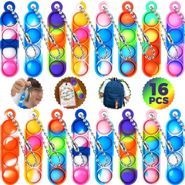 16Pcs Pop Keyring It Fidget Toys Pack Party Bag Fillers for Kids, Poppet Keyring Christmas Eve Box Stocking Fillers Game Prizes Kids Valentines Day Birthday Party Favour Gifts Sensory for Girls Boys