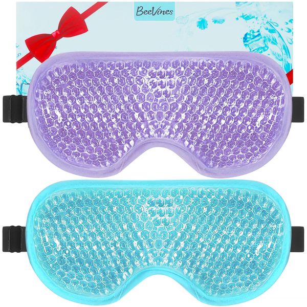 BeeVines Cooling Eye Mask, 2 Pack Gel Cold Eye Mask for Puffy Eyes, Eye Mask for Dark Circles, Dry Eyes, Cold & Warm Sleep Compress for Post Surgery, Puffiness, Allergies (02 Blue & Purple)