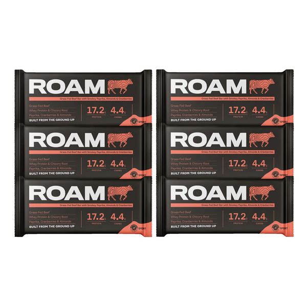 Roam Natural Protein Bars, 6x45gram Healthy Snacks, Ideal for Carnivore Diet, Gluten Free Keto Sticks (Smoked Paprika, Almond & Cranberry, 6x45 Bars)