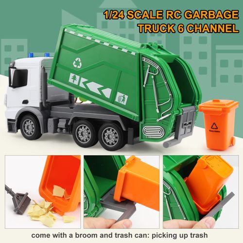 WEMOKA 2.4Ghz Remote Control Garbage Truck Toys, RC Trash Truck Toys for Boys with Trash Bin Real Lights, 1/24 Scale 6 Channel Rechargeable Recycling Truck Gift for Kids