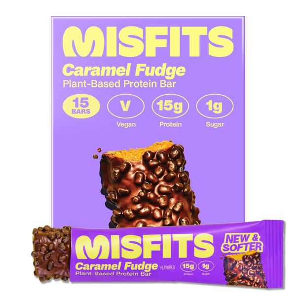 Misfits Vegan Protein Bar, Plant Based Chocolate Protein Bars, High Protein Snacks with 15g Per Bar, Low Sugar, Low Carb, Vegan, High Fiber, Non GMO, Choc Caramel Flavor 15 Pack