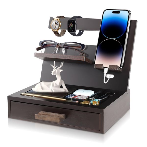 QCXWCJWD Bedside Organiser for Him, Wooden Docking Station Desktop Mobile Phone Holder, Mens Bedside Organiser with Drawer, Dad Birthday Presents Gifts for Men Husband Teacher
