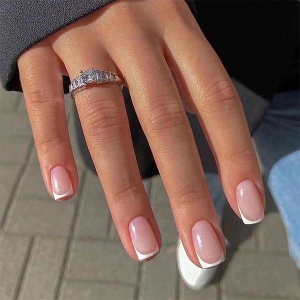 French Press on Nails 24 PCS White Fake Nails Square False Nails Glossy Fake Nails Full Cover Short Nails Art for Women and Girls Daily Decoration