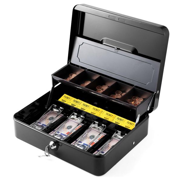 WOT I Steel Cash Box with Money Tray with Key Lock, 11.8"L x 9.5"W Cash Lock Box with Tray Cover / 5 Coin Trays / 4 Bill Slots / 2 Keys (Black))