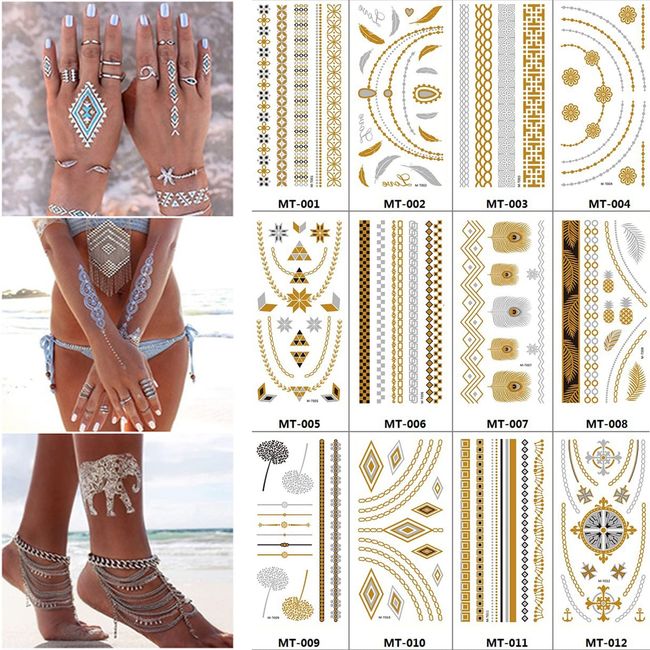 Tattoo Festival Gold Gold TemporäRe TäTowierung Metallic Tattoos Flash Tattoos KöRper Finger Arme Schmuck Tattoo Sticker FüR Frauen Jugendliche MäDchen Body Art Festival Party Accessoire(12pc)