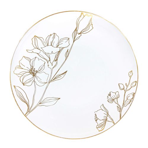 [9'' Plates 10 Count] White Plastic Floral Design Party Dinner Plates With Gold Rim Premium heavyweight Elegant Disposable Tableware Dishes