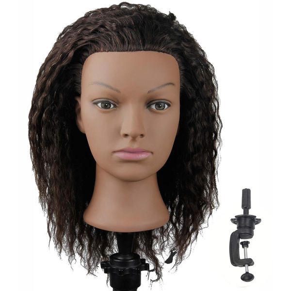 African American Mannequin Head with 100% Human Hair Manikin Head with Stand for Styling Hair Blowing Hair Cutting Braiding (Afro Kinky Straight)