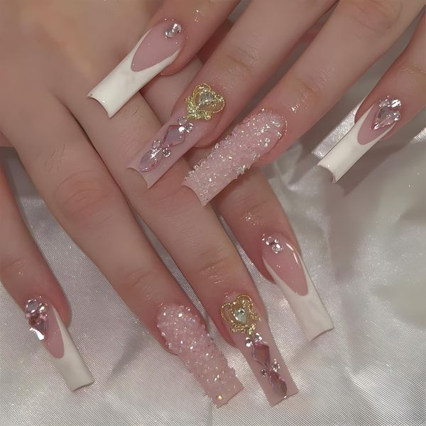 French Press on Nails Long Coffin Fake Nails Glossy Nude False Nails Rhinestones Full Cover Glue on Nails Design Acrylic Nails for Women